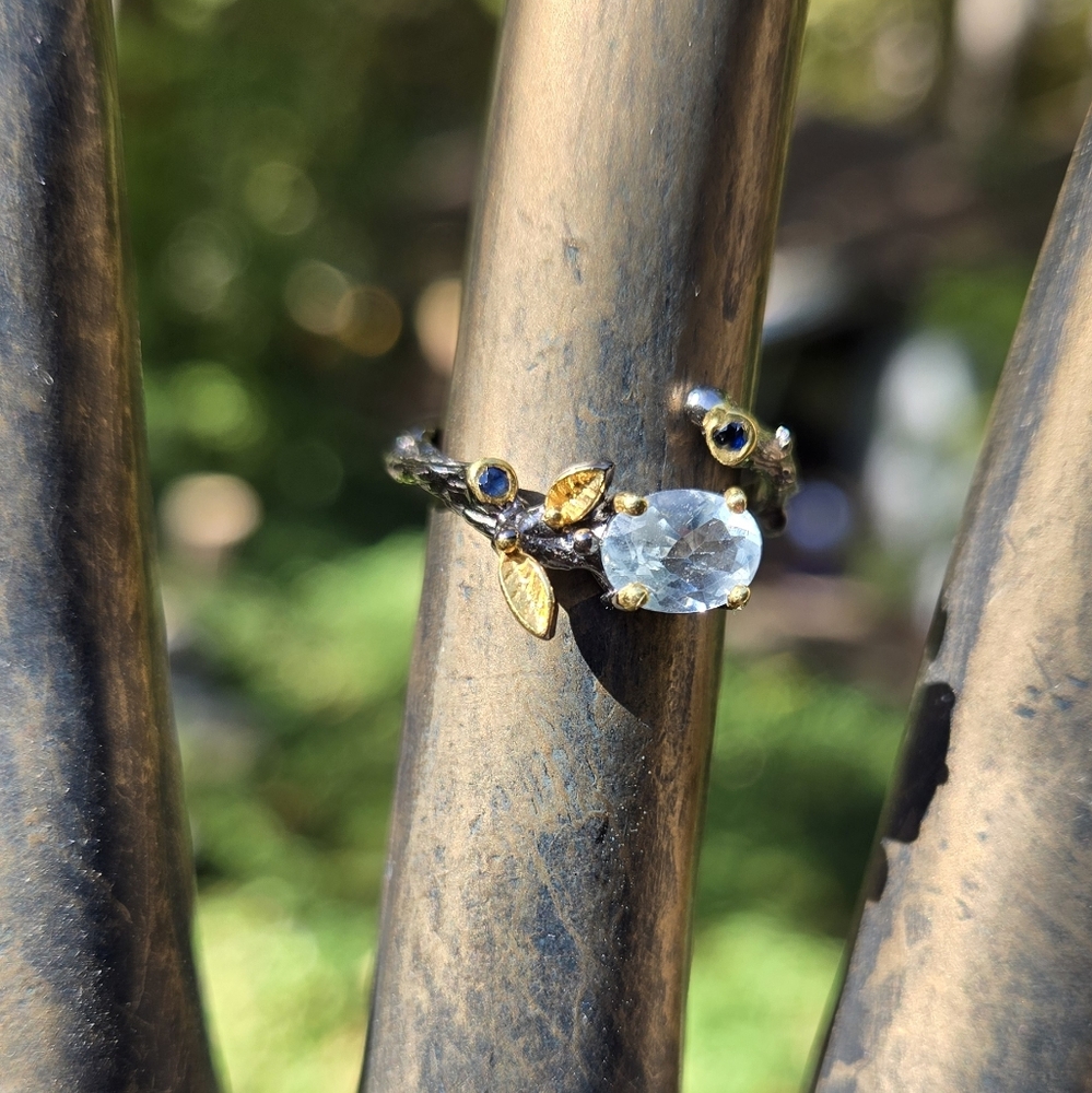 Blue Topaz & Sapphire Sterling Rhodium & Gold Ring Sz6 Adjustable - Picture 2 of 8
